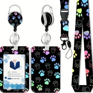 Multi Color Paw Print Lanyard with Badge Holder & Clip Holder