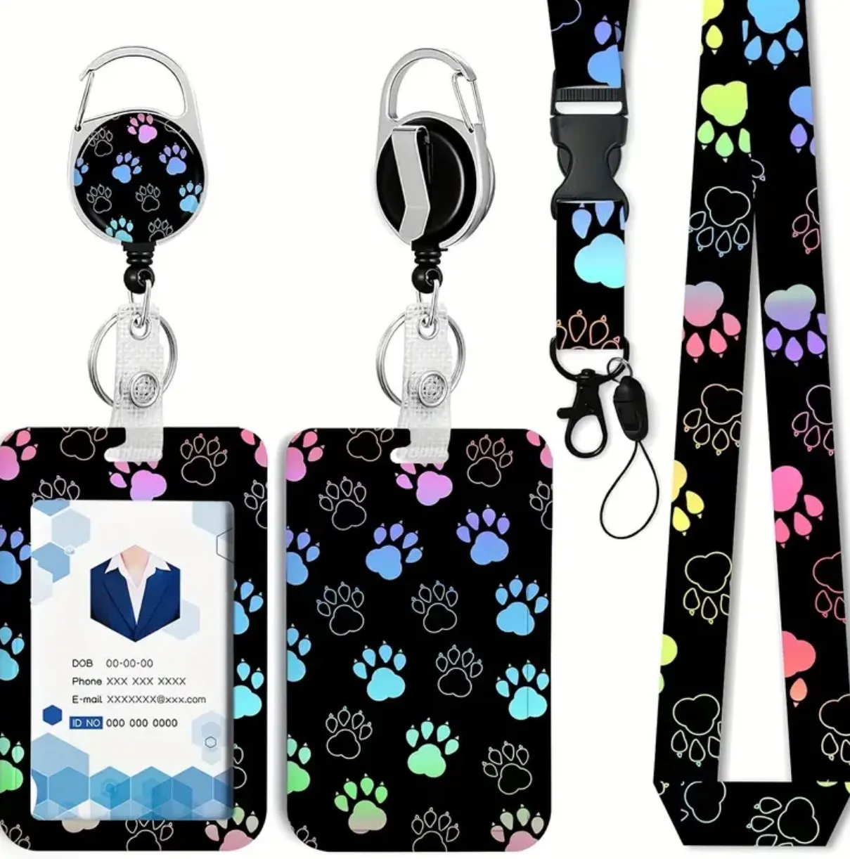 Multi Color Paw Print Lanyard with Badge Holder & Clip Holder