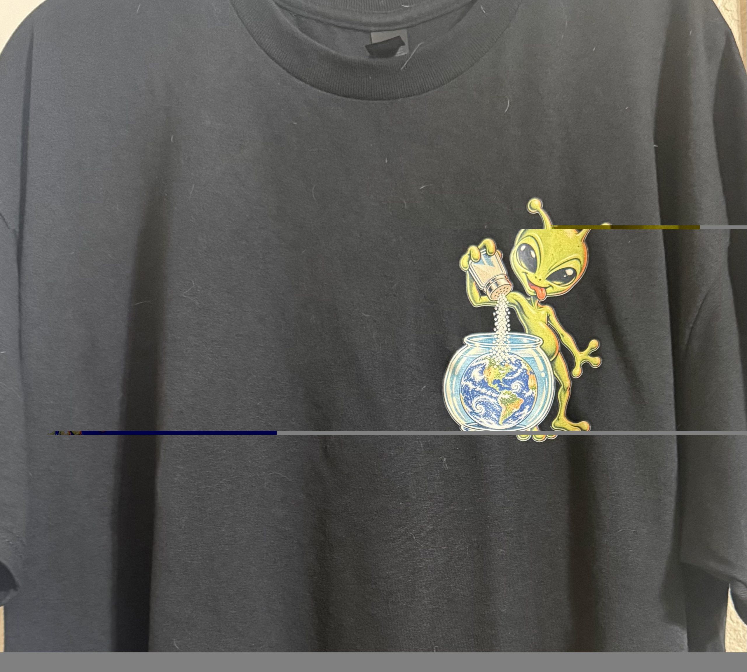 Alien with Earth Inside Glass Fish Bowl DTF Shirt - Black - Image 2