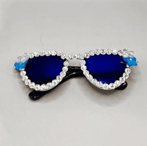 Sunglasses with White Rhinestones and White/Blue Flower Accents