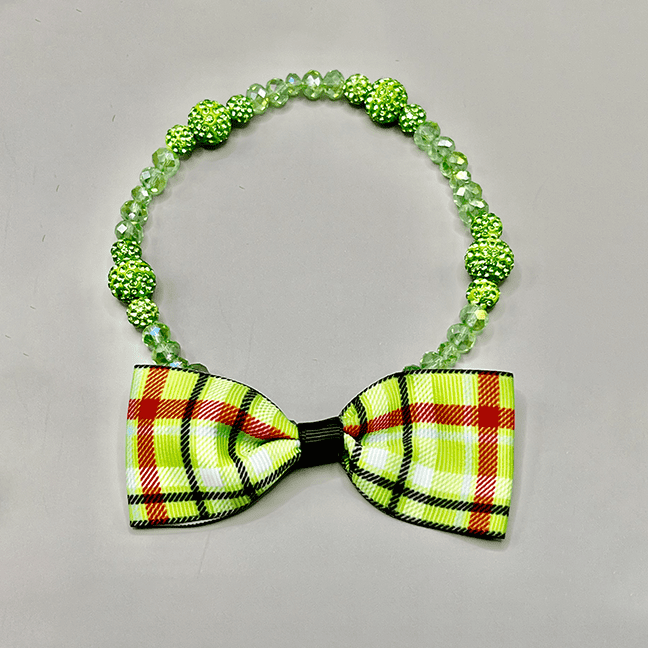 Necklace with Green Beading and Green Plaid Bowtie 11