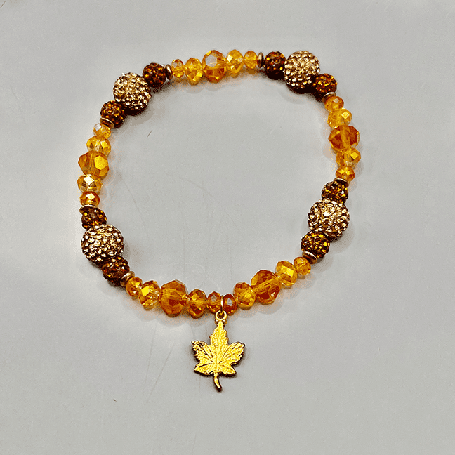 Necklace with Fall Iridescent Beads and Gold Autumn Leaf Pendant 10