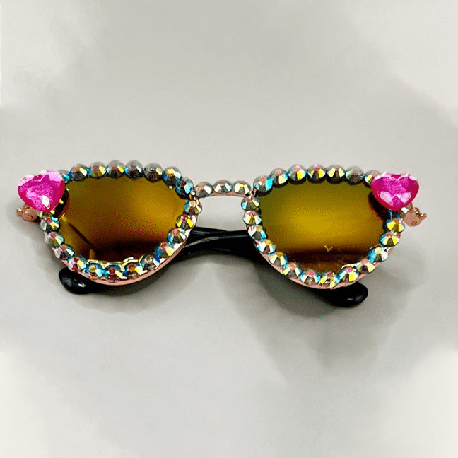 Sunglasses with Iridescent Stones and Pink Heart Accents