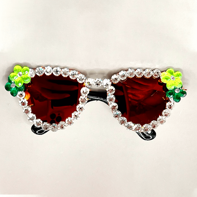Sunglasses with White Rhinestones and Green Flower Accents