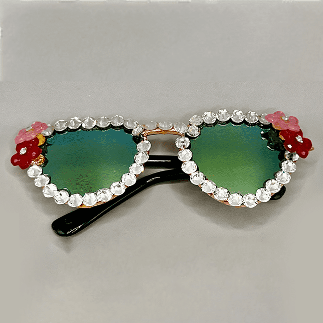 Sunglasses with White Rhinestones and Pink Flowers Accents