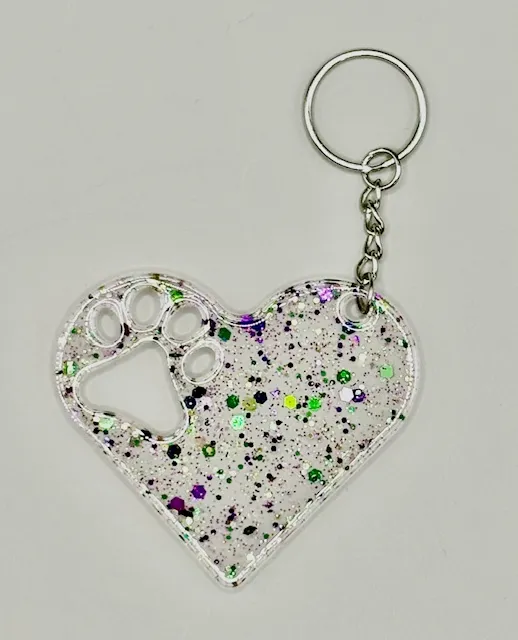 Acrylic Color Heart Solid Paw Print Key Chain Purple/Green Multi