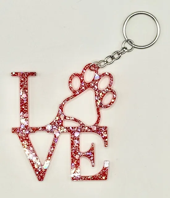 Acrylic Red LOVE Paw Print Key Chain